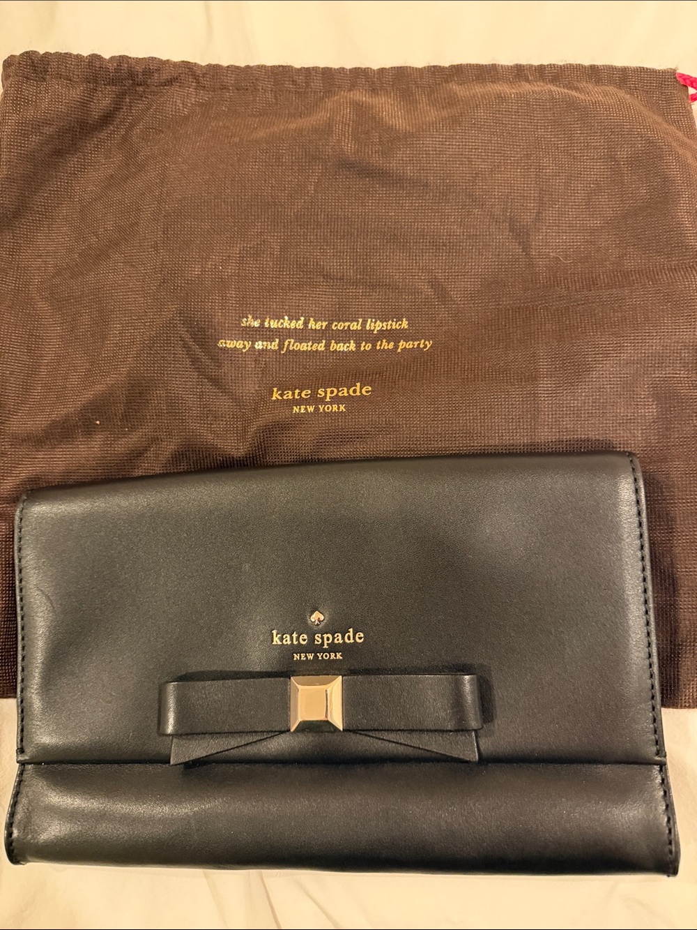 kate spade Black Leather Bow Clutch with Gold Hardware